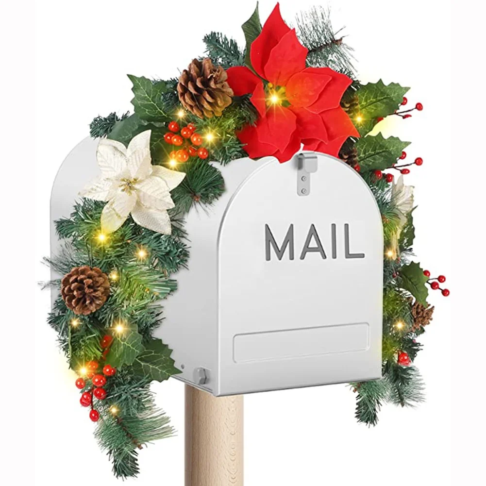 Christmas Lighted Wreath With Red Flowers Pinecones Warm LED Glowing Plastic Mailbox Decoration For Outdoor Holiday Curb Appeal