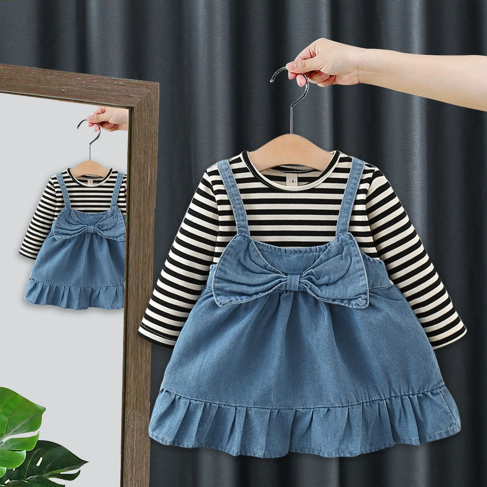 6M-3T Baby Girl Clothes Autumn Girls Dresses Longe Sleeve Fake 2 Piece Dress for Girls Toddler Girl Denim Dress 1 Years Old