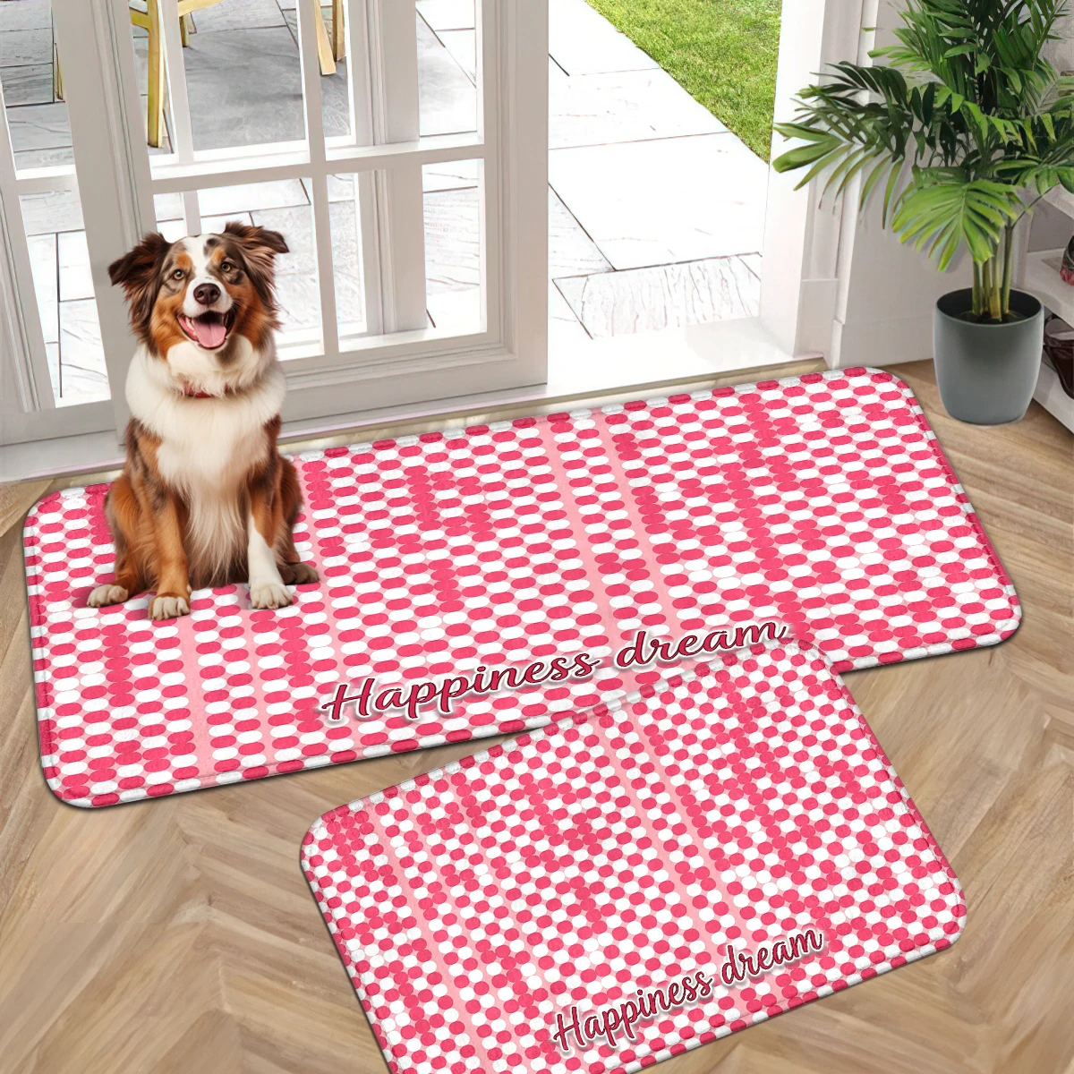Sweet Pink Diagonal Plaid Runner, Retro Floral Door Mat, Warm Wildflower Rug ,Girl Slogan Mat, Watercolor Plaid Floral Decor Set