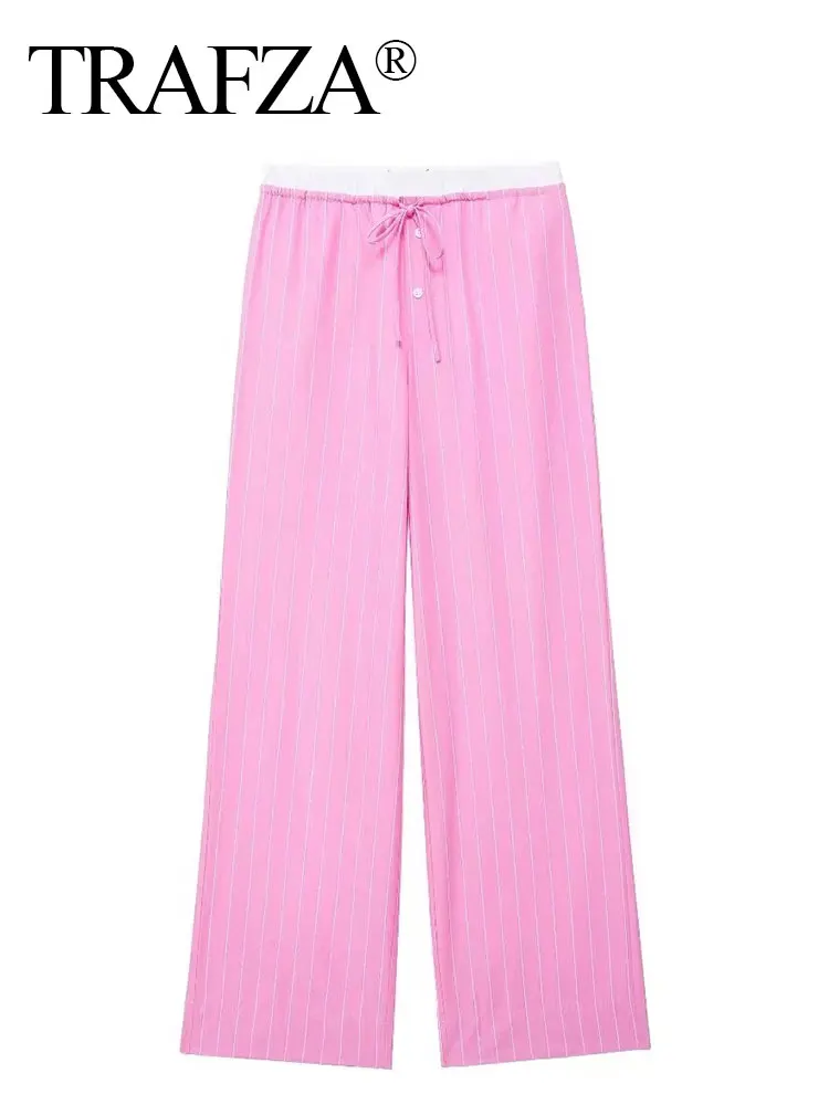 TRAFZA 2024 Women Fashion Pink Striped Patchwork Pant Casual Loose Drawstring Straight Pants Girls Sweet Pink Trousers TRAF