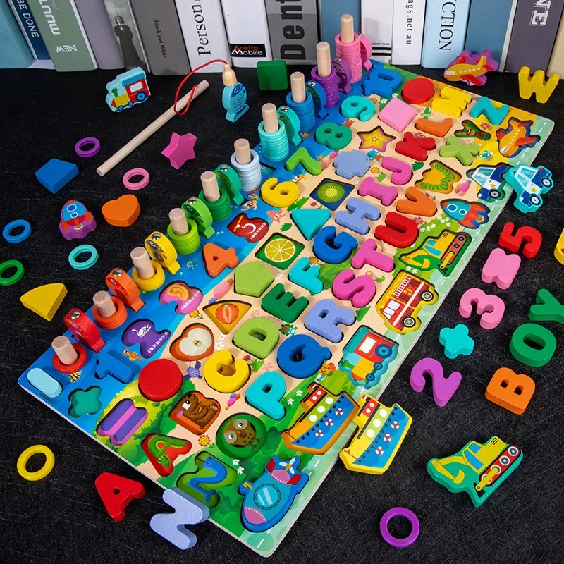 Wooden Educational Puzzle learning toys Montessori Number Letter Traffic Fishing Building Block Logarithmic Busy Board Preschool