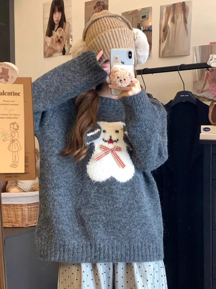 Christmas Red Cute Cartoon Sweater Women Vintage O Neck Sweet Bow Knitted Jumper Casual Lazy Wind Female Long Sleeve Pullover