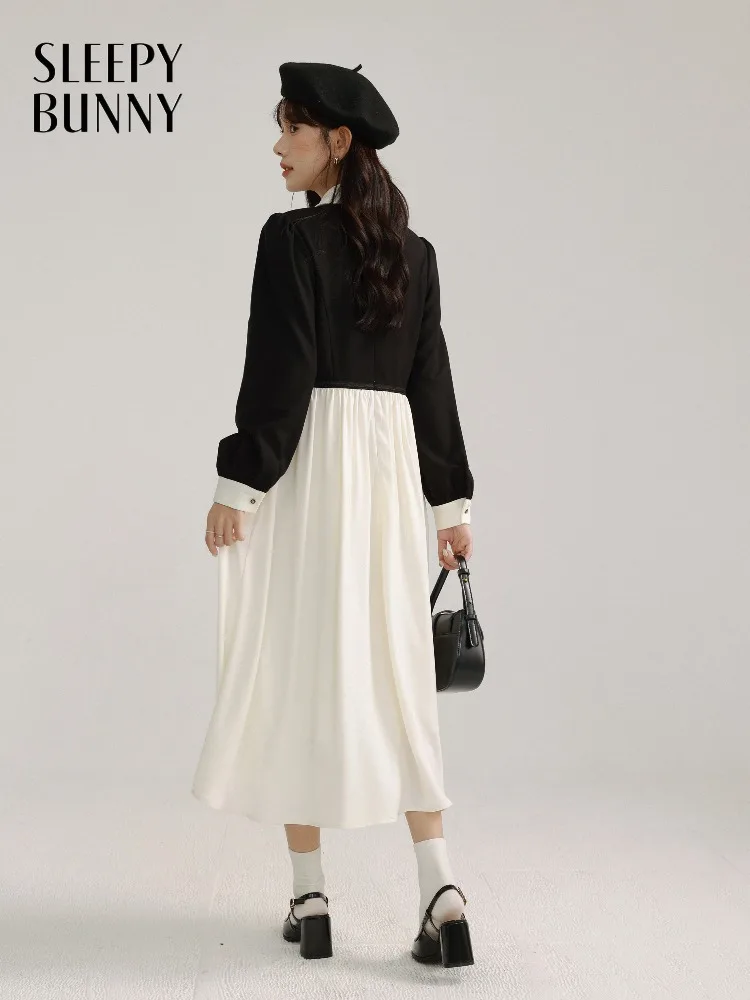 

Elegant Long Dress for Women Fake Two Piece Midi Dress Vintage Style High Waist Outfit for Autumn Winter Office or Daily Wear