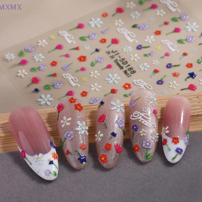 5D レリーフカラフルなワイルドフラワーネイルアートステッカーチューリップラベンダーコスモス花自己粘着ステッカー DIY マニキュアデカール