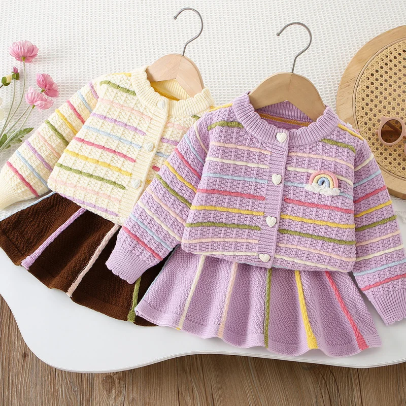 Girls Sweater Dress Autumn Winter New Fashionable Baby Girl Rainbow Striped Knitted Cardigan Short Skirt Two-piece Set