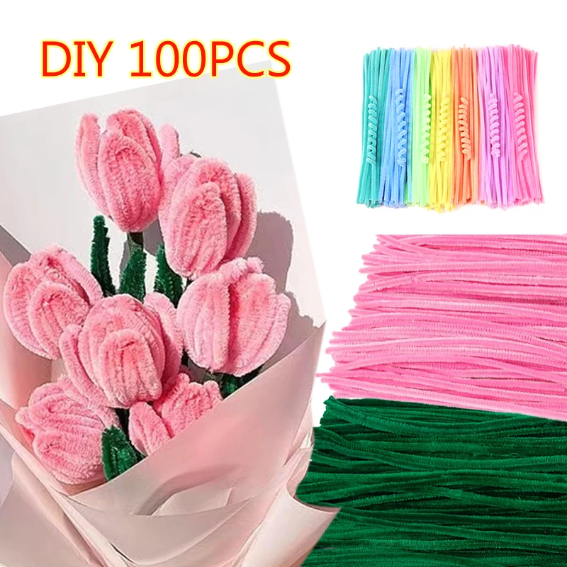 Set Pipes Cleaners Crafts Flexible Bendable Wire Colorful Chenille Stems Diy Tulip Bouquet Making Kit Kids Girl Diy Flower Art