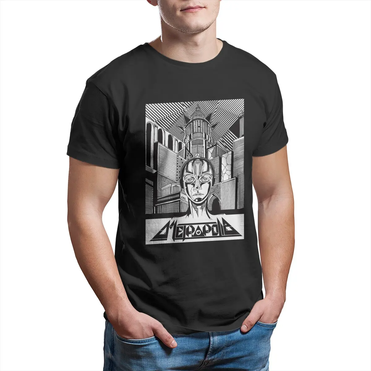 Metropolis fritz lang Germany silent movie cyberpunk sci fi T-Shirt for Men 100% Cotton printed Large size Printed t-shirt