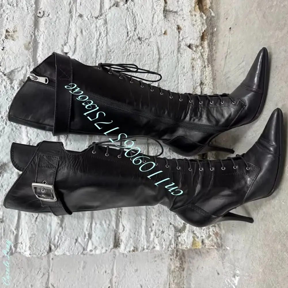 Ladies Black Pointed Toe Knee High Boots Lace‑Up Buckle Strap Side Zipper Stiletto High Heel Vintage Street Boots Para Mujere
