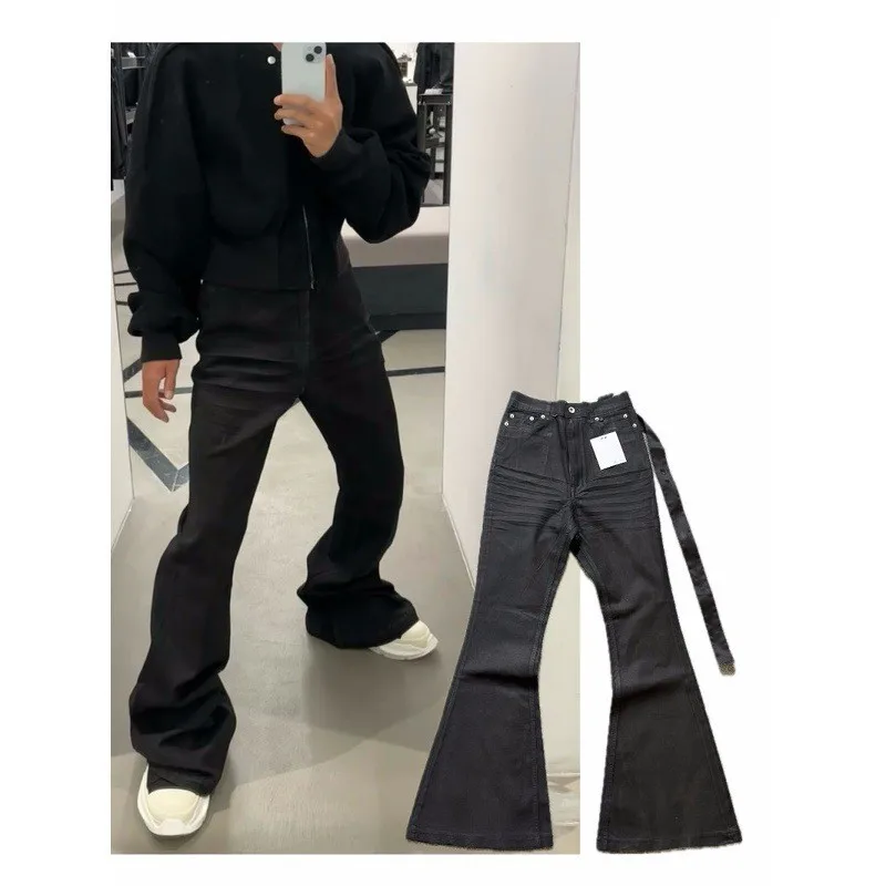 Men's Slim Fit Micro Flared Jeans Black Grey Coated Brush Wax Sash Casual Straight Leg Durable PU Fabric mid Waist Retro Style