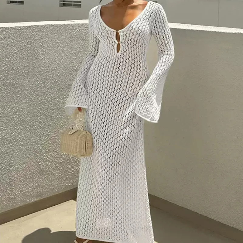 KIDCRKJ Sexy Women Long Knit Sleeve Bikin Fashion Cover Up Female See-Through Deep V-Neck Hollow-Out Beach Backless Dress