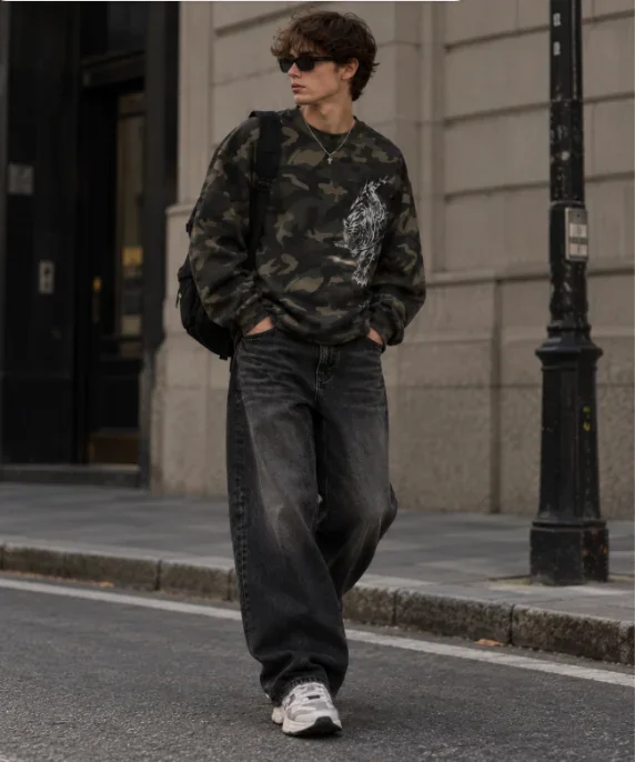Couple Oversized Crewneck Sweatshirt Camo Tiger Graphic Print Long Sleeve Pullover Men Women Vintage Grunge Streetwear Tops