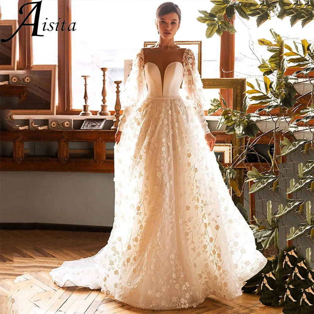 Beauteous Sheer O Neck Wedding Dress Full Body Flower Lace Applique Bridal Gown Long Puffy Sleeves customized Vestidos De Novia