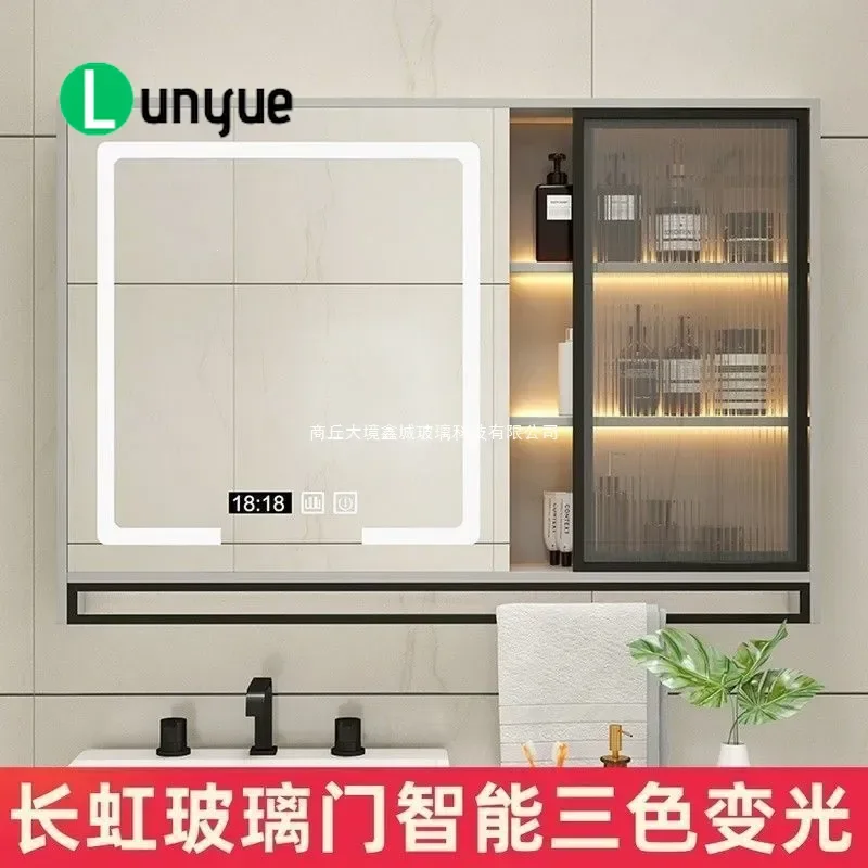 Smart Wall Mounted Bathroom Mirror Cabinet with LED Light Glass Door Integrated Storage Rack for Modern Bathroom Vanity Decor