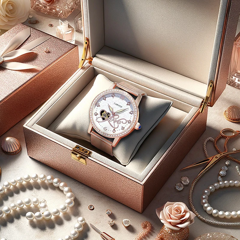 

Женские розово-белые элегантные механические часы высокого класса с сердечком, белым циферблатом и сетчатым ремешком.