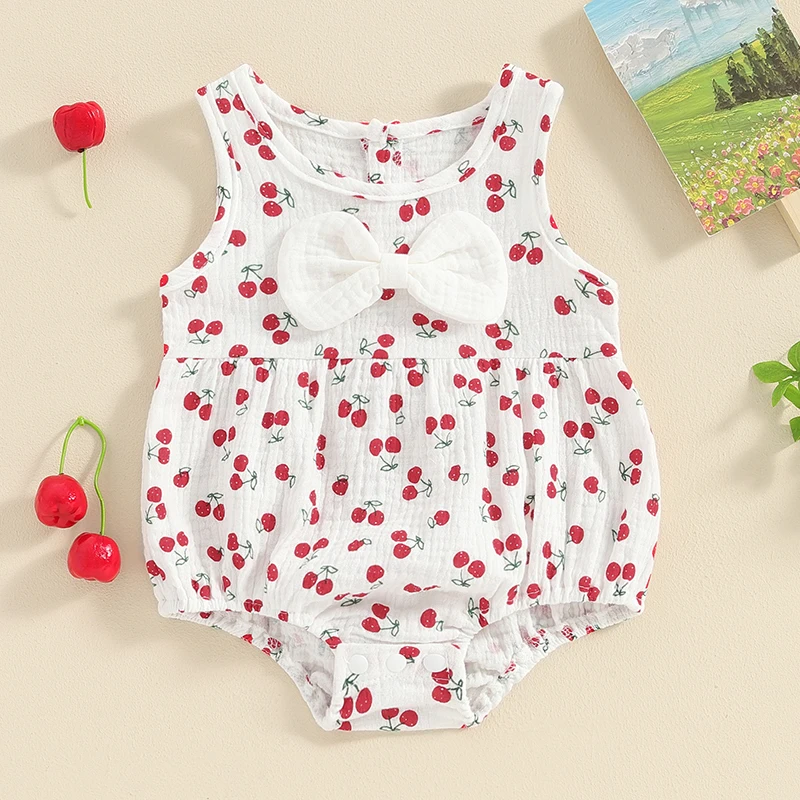 Cherry Print Baby Girl Romper Cotton Linen Tank Top Bodysuit Sleeveless Ruffle Shirt Bowknot Jumpsuit Summer Clothes