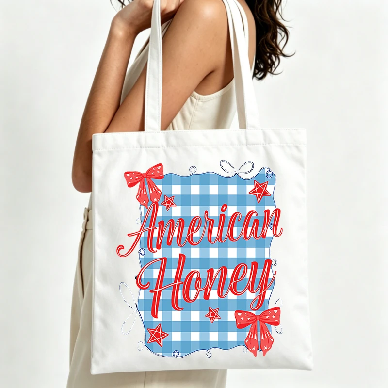gingham check with bow and star print canvas tote bag, casual style for daily shopping and summer outings