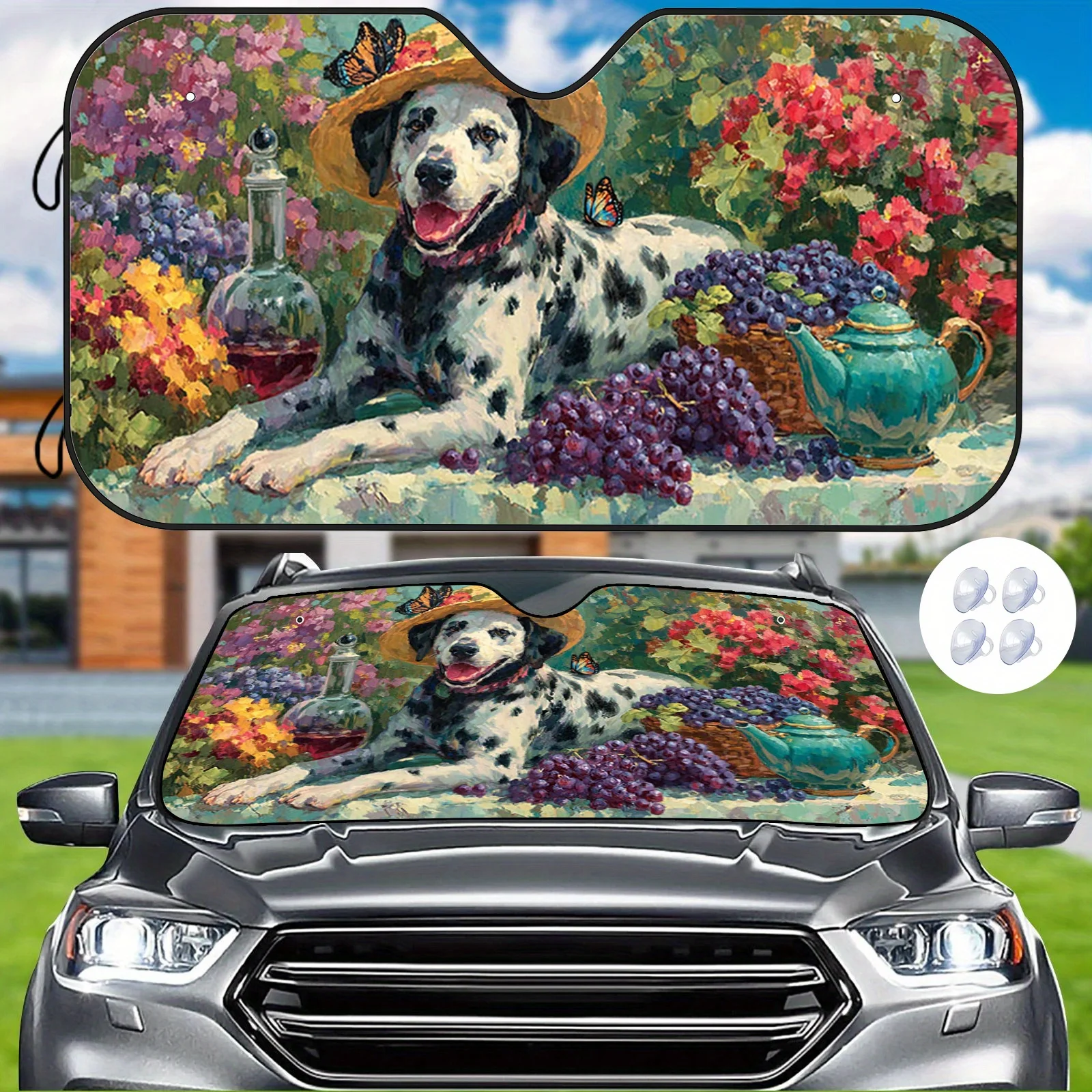 Rural Spotted Dog Car Sunshade, Pug With Straw Hat And Grape Pattern, Heat Insulation And Sun Protection, Maintains Interior Tem