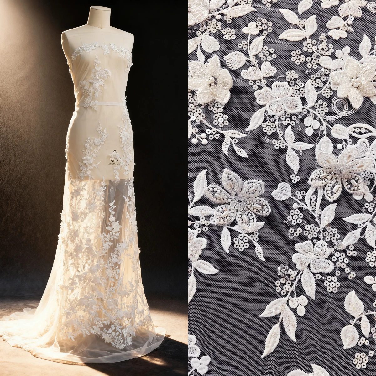 

White Embroidered Lace Fabric with Beads & Sequins - Tulle for Wedding Dress & DIY Crafts