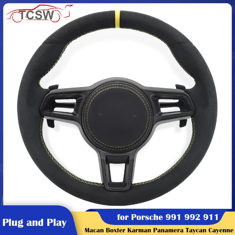 

Car Steering Wheel with Yellow Stiching for Porsche Macan Panamera Taycan Cayenne Cayman 718 991 992 911 Boxter Karman