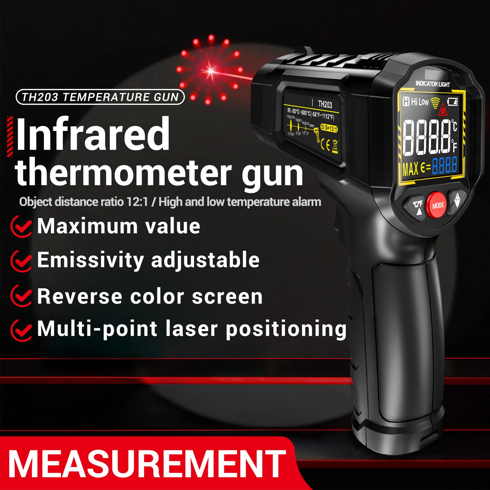 Infrared Thermometer Non-contact Temperature Sensing Gun -50°C to 600°C (-58°F~1112°F) with Adjustable Emissivity 12:1 D:S