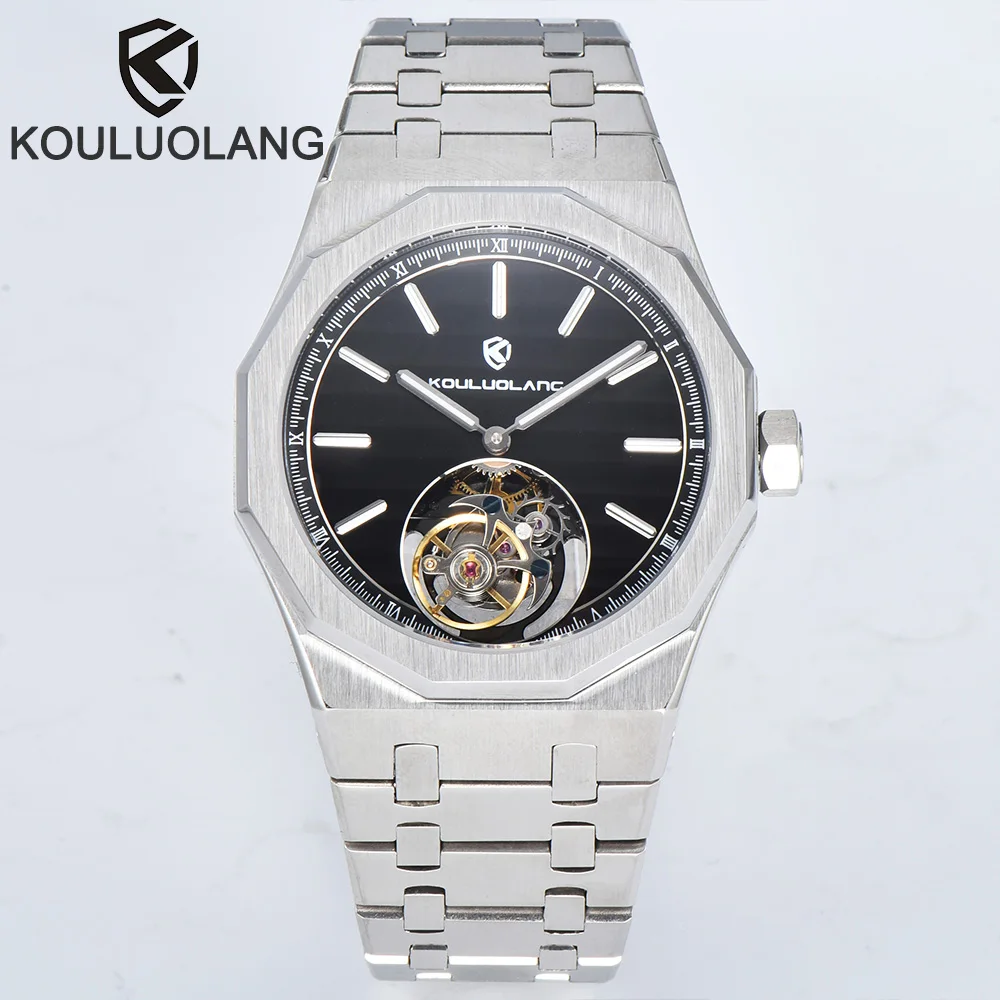 KOULUOLANG 42mm Luxury Men's Mechanical Watch Tourbillon Watch Costom Watch Real Tourbillon 316L stainless steel 5bar waterproof