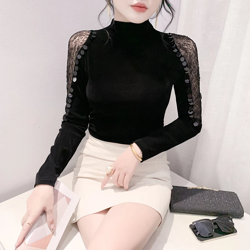 Faionable da donna lunga Sve Base in velluto irt ter Ne Me Splicing T-shirt attillata Street Sle Autunno Primavera Bright T...