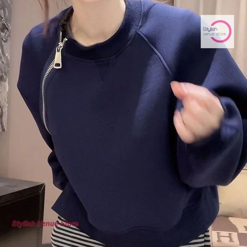 French fashion blue sweater women's autumn and winter new temperament design sense oblique zipper Joker pullover niche jacket