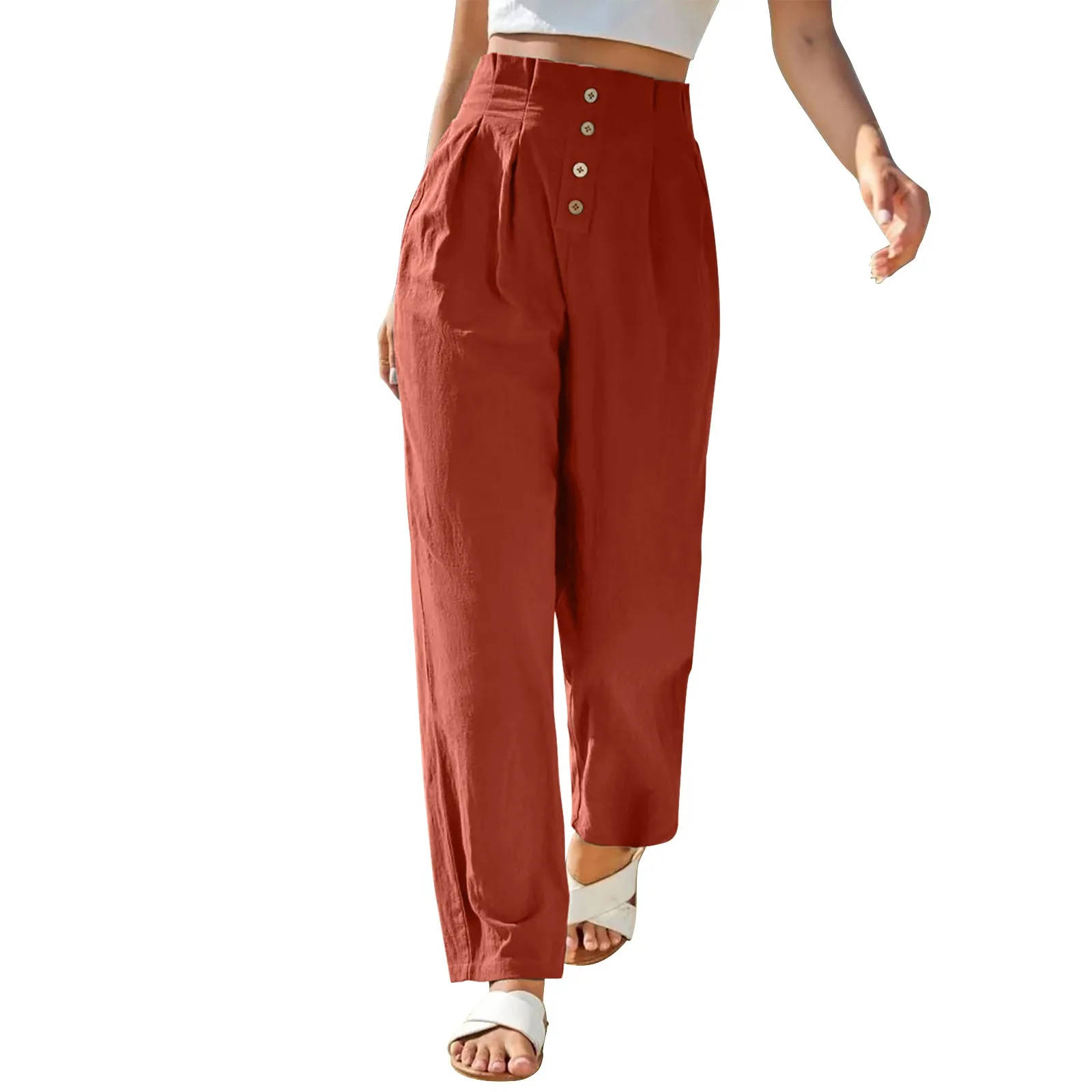 

Women's Wide Leg Pants High Elastic Waist Solid Color Fashion Casual And Versatile Basics Soft Nine Length Leggings With Button