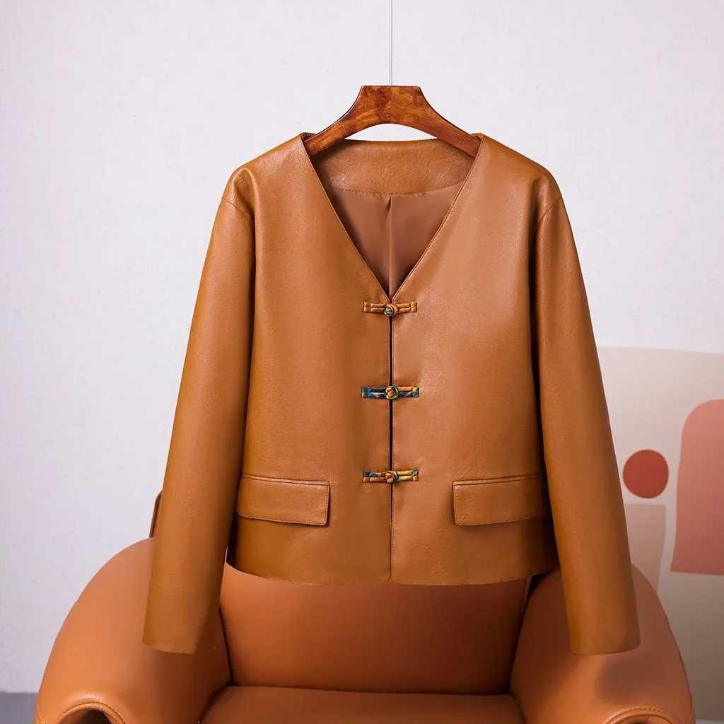 Primavera outono nova jaqueta de couro outwear feminino novo estilo chinês moda nacional curto solto manga longa topos de couro