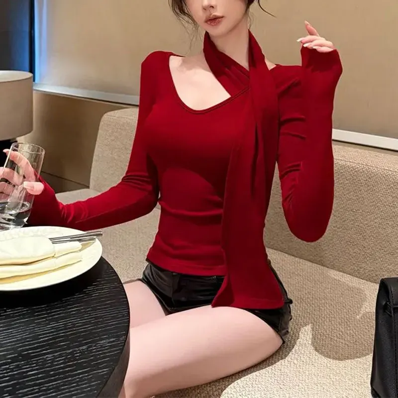 الملابس النسائية خمر الشريط الأحمر البلوفرات المألوف ضمادة الخريف جديد هالة الخامس الرقبة Hotsweet سليم بلون الأساسية تي شيرت #2