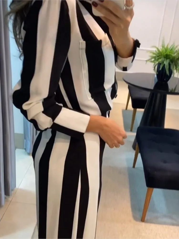 2024 Autumn Wide Leg Long Pant Sets Two Piece Set Women Casual Fashion Striped Pocket Design Shirt Trousers Streetwear Suit