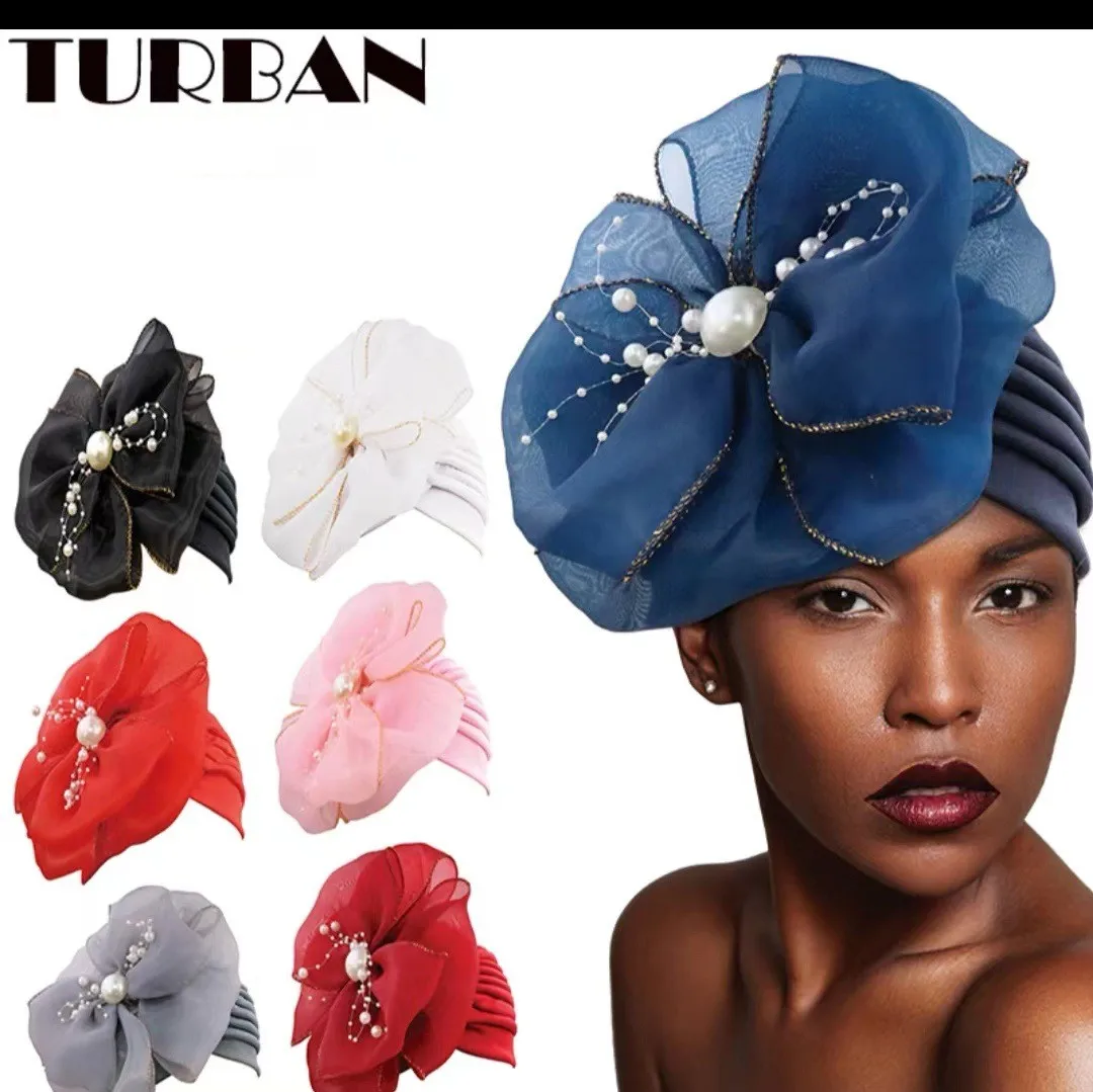 

Pearls Big Flower Turban Caps for Women Head Cover African Indain Hat Muslim Headscarf Bonnet Islamic Headwear Turbante Mejur