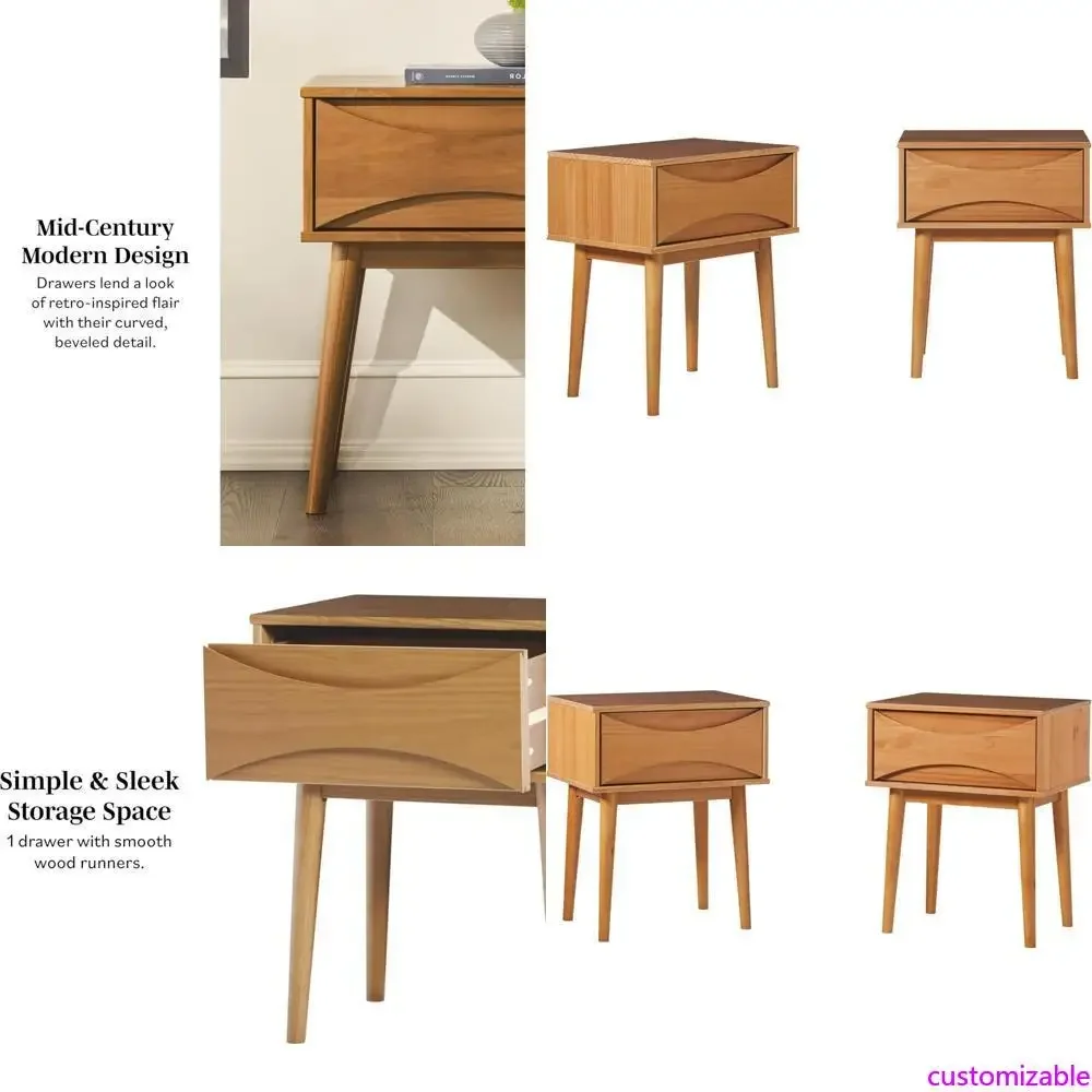 

Прикроватные тумбочки Mid-Century Modern 25 из массива дерева с 1 ящиком, комплект из 2 штук, отделка карамельного цвета