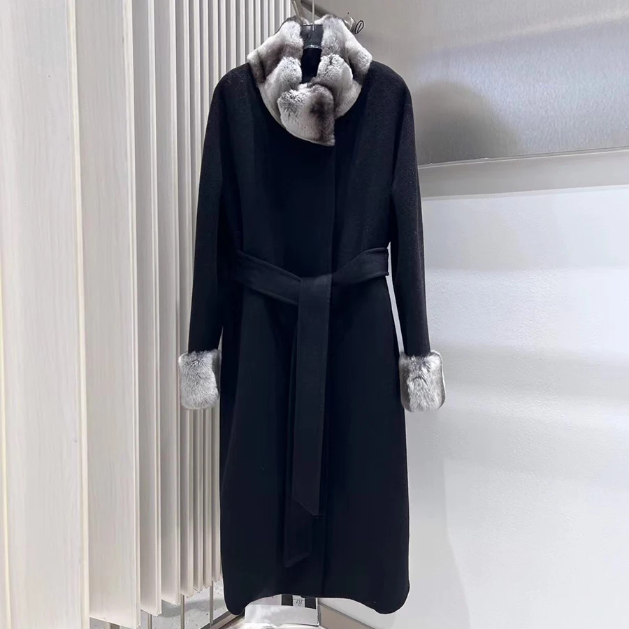 겨울 울 코트 여성용 리얼 퍼 코트 리얼 렉스 토끼털 칼라 따뜻한 캐시미어 재킷 천연 모피