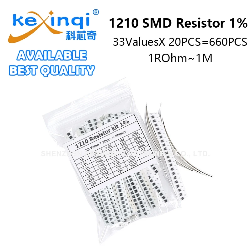 660PCS 1210 SMD Resistor Assorted Kit 33ValuesX20PCS 1ROhm~1M 1% 100 4.7 5.1 22 2 10 47 K R Ohm