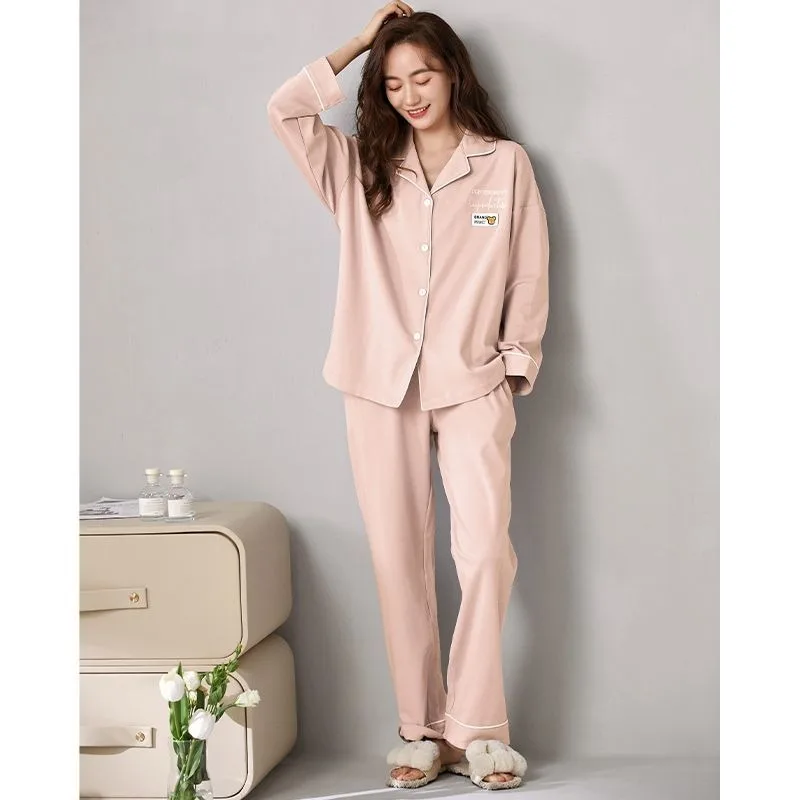 2024 Cotton Pajama Women Spring Autumn Loungewear Long Sleeves Long Pants Cotton Sleepwear New Simple Loose V-neck Homewear Set