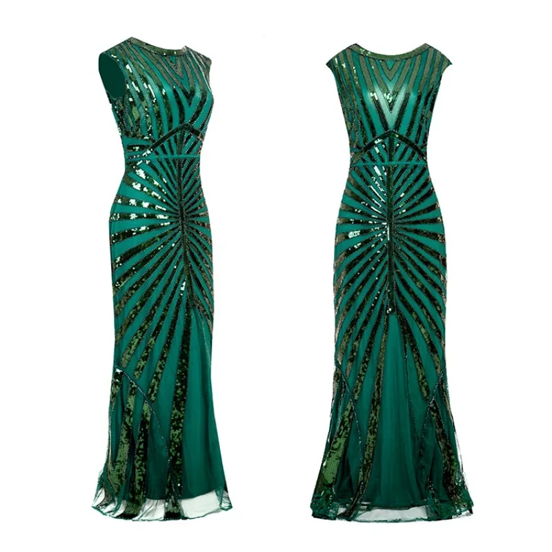 Vestido de fiesta estilo flapper del gran Gatsby vintage de los años 20 para mujer, vestido de sirena de malla con lentejuelas y cuentas sin mangas sexy para fiestas temáticas de los años 20