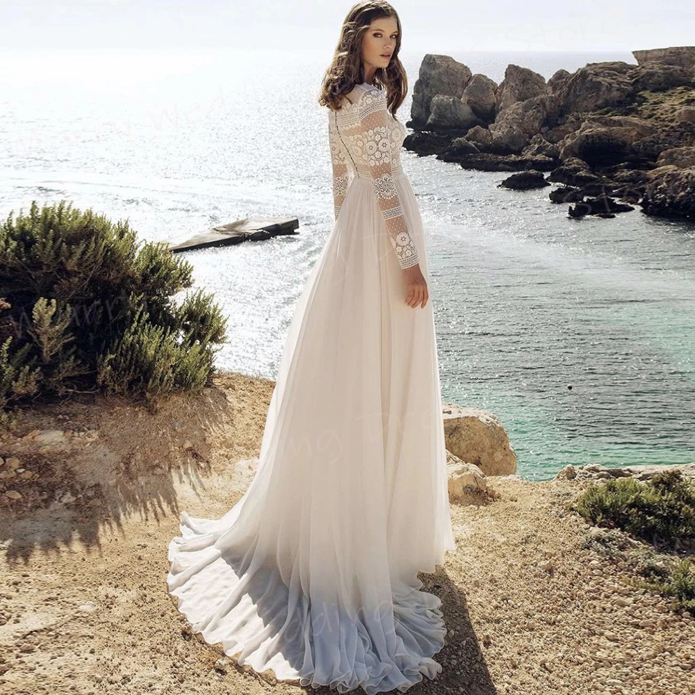 Vestidos de novia de corte en A para mujer, ropa de manga larga con cuello redondo, Apliques de encaje elegantes, Playa