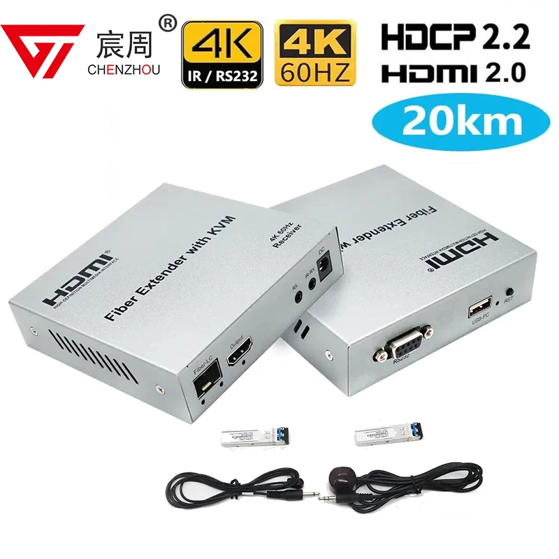 4K 60Hz 20Km HDMI KVM Fiber Extender by LC Fiber Cable HDMI Fiber Optical USB KVM Extender Video Audio Transmitter with Loop-out