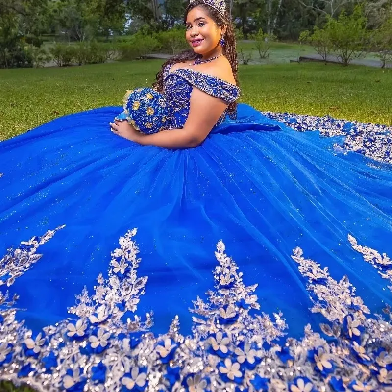 Angelsbridep Blue Off-Shoulder Quinceanera Dresses Ball Gown Vestidos De 15 Anos 3D Flower Appliques Train Formal Princess Party