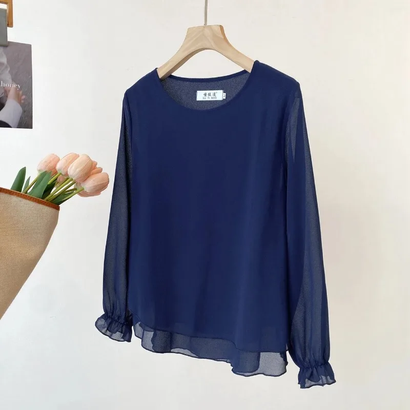 

Spring Summer New Women's Round Neck Long Sleeve Chiffon Blouse
