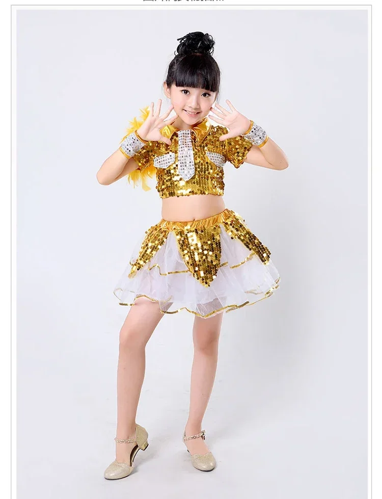 Girl Blue Dance Sequin Jazz Dance Costume Children Girls Jazz Dance Performance Shirt Skirt Hip Hop New Kid Girl Jazz Dancewear