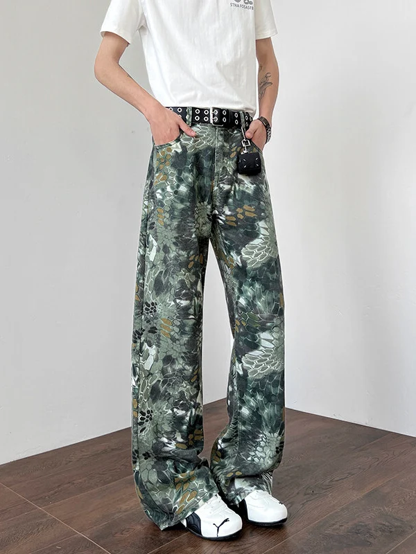een camuflagem cobra impressão jeans masculino vintage solto calças de perna reta para caras altas juventude faion wear