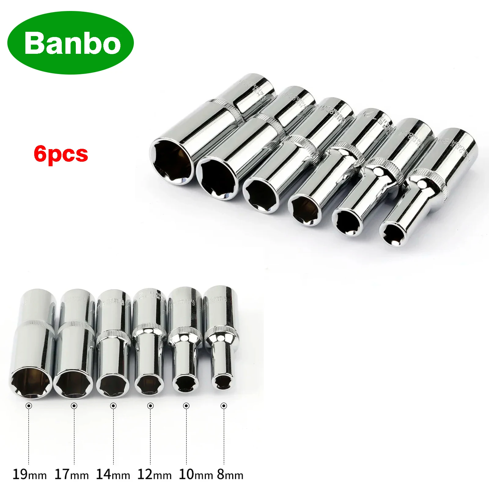 

6pcs 1/2 Inch Deep Sockets Set 12.5mm Square Hole 78mm Length Auto Repair Hand Tools 8 10 12 14 17 19mm