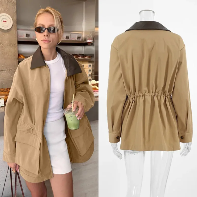 

Contrast Lapel Trench Jacket For Women Casual Loose Fit Zip Up Style With Drawstring Waist Functional Pockets Urban Chic Look