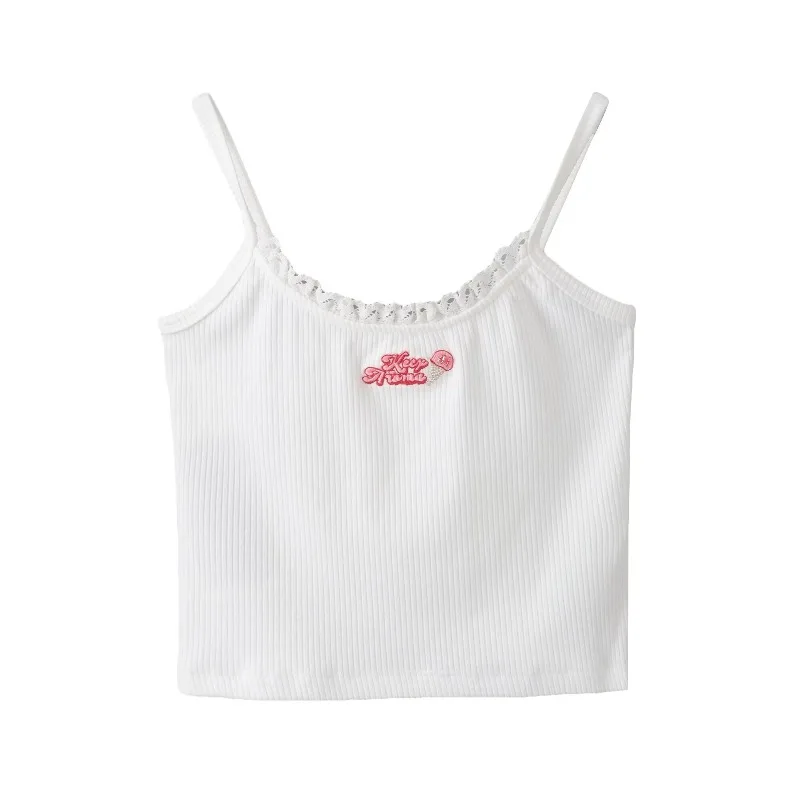 

Women's Tanks Cropped Tanktop Woman Embroidered Vest Japanese Style Summer Top Sleeveless Ladies Tight Tops New Knit Crop