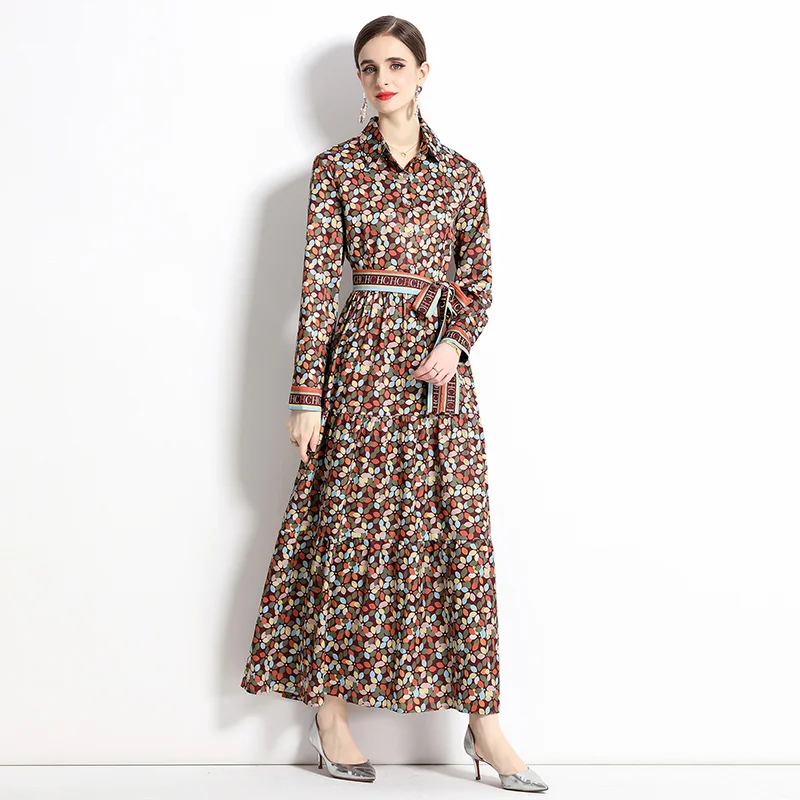 2024 Autumn New Women\'s European and American Versatile Waist and Slimming Letter Positioning Printed Dress A-line Long Dress