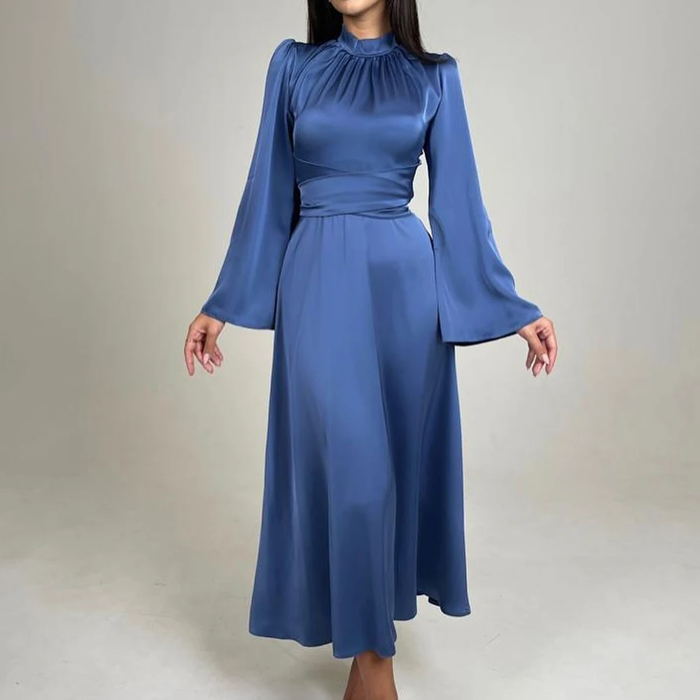 

Straight High Neckline Satin Long Sleeves Ankle Length Pleats Solid Color Elegant Party Dresses Woman Special Occasion Gowns