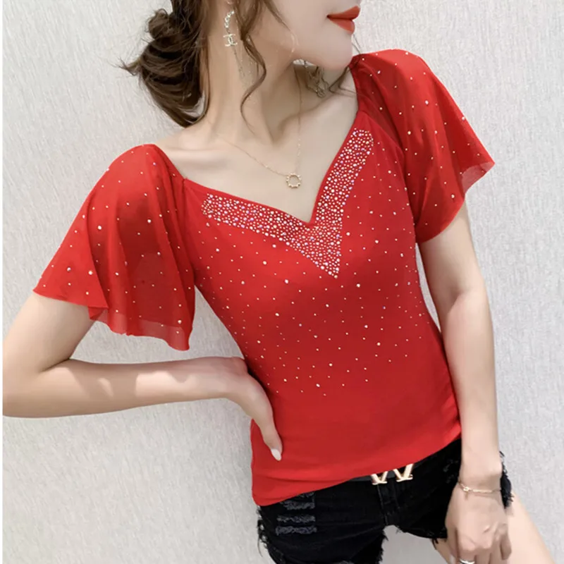 Camiseta de manga corta con volantes para mujer, Sexy Camiseta ajustada con cuello en V, algodón elástico con diamantes, #5206