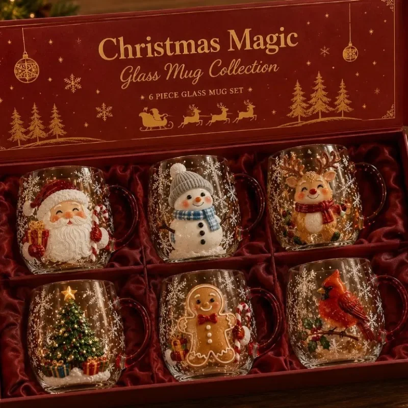 Christmas 3D Art Glass Cups, Piece Holiday Glassware Gift Box Set Gift Box Included, Holiday Theme,Gift Box for Festive Drinks